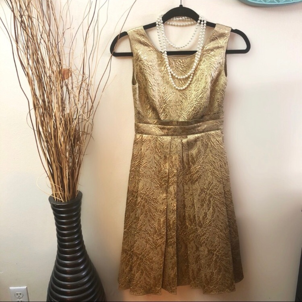 Burberry gold brocade pleated cocktail dress